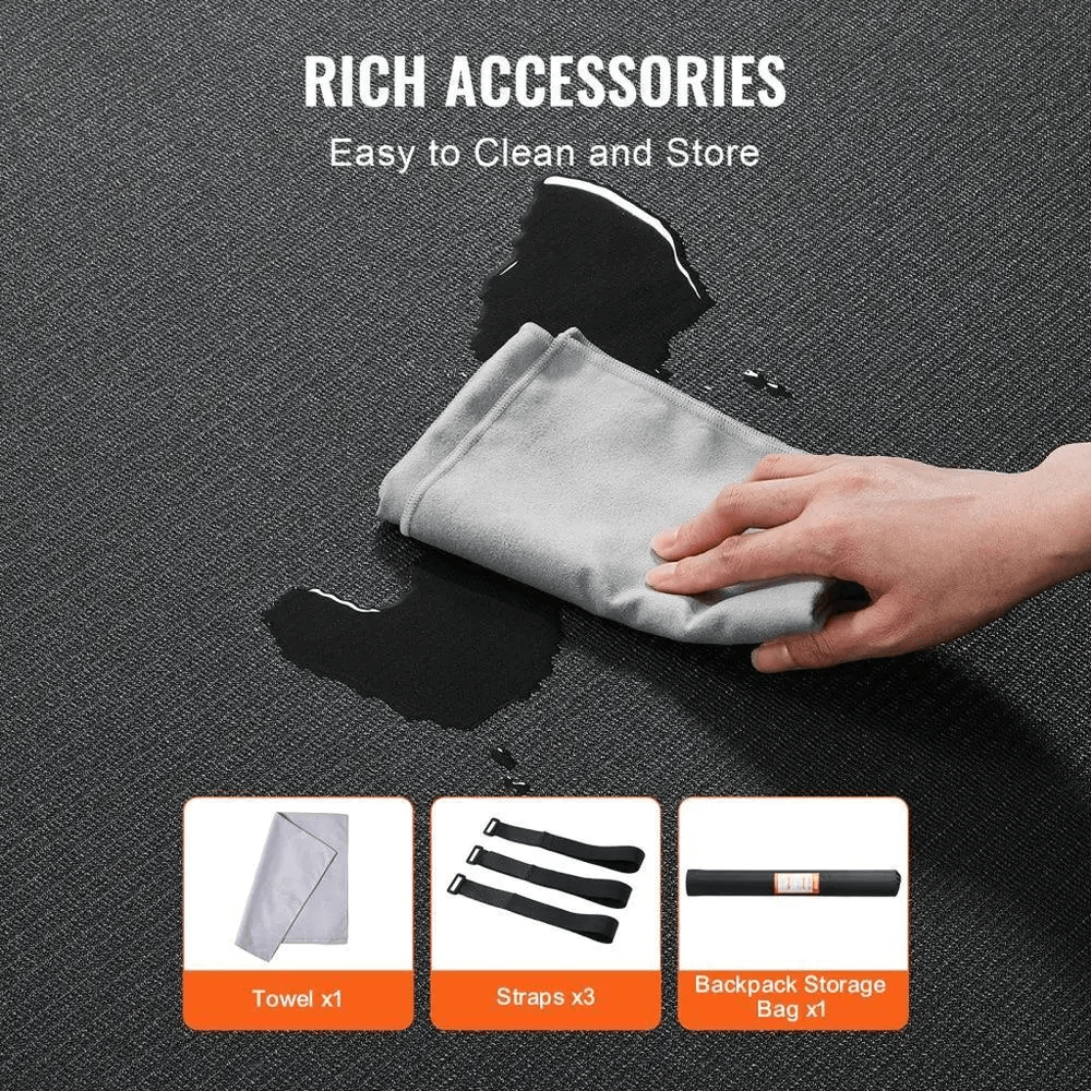 Cleaning accessories for the Protective Gym Flooring Mat for Home and Fitness - SF3470 with towel, straps, and storage bag.